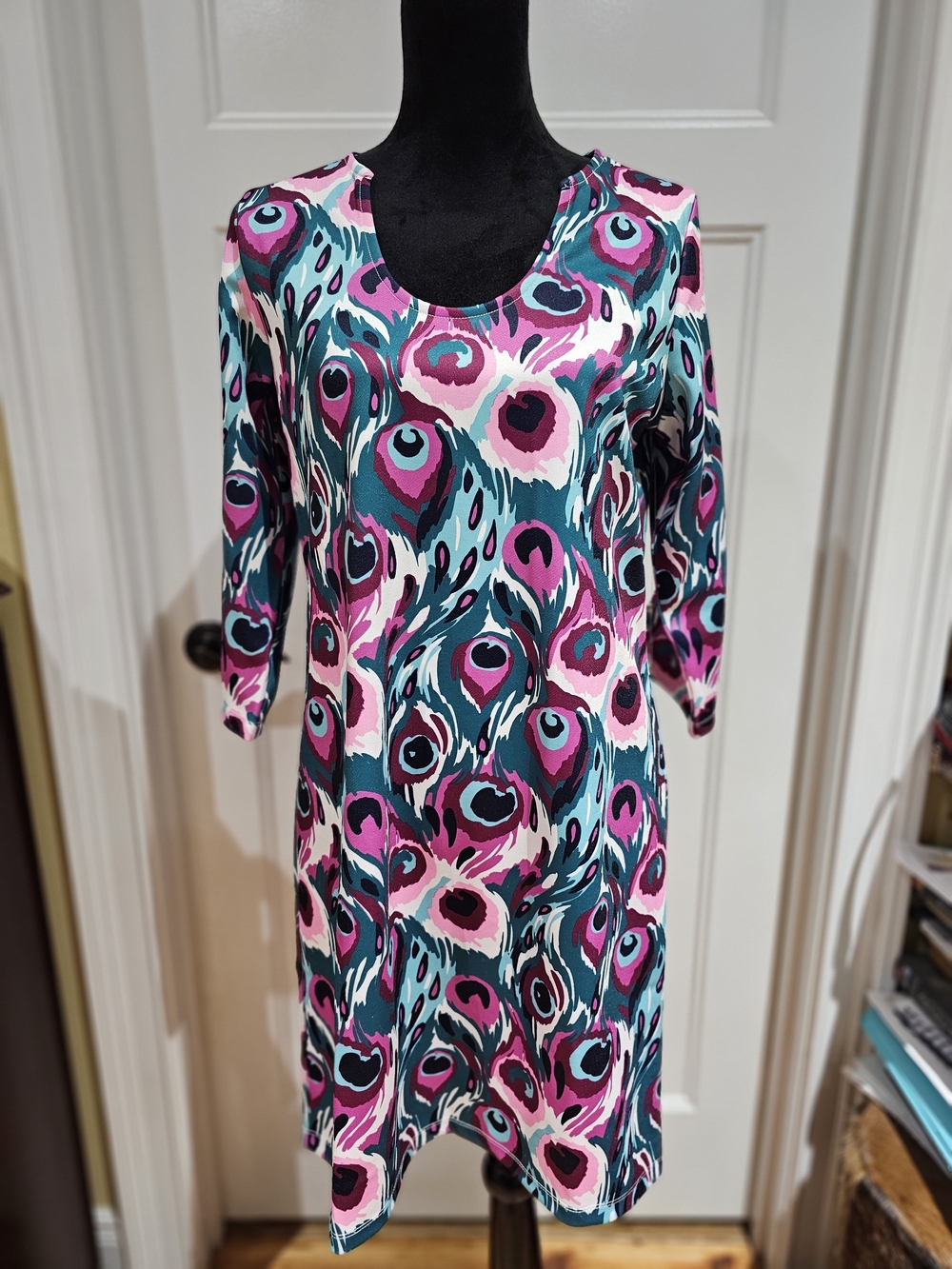 'Eva' Watercolor Peacock Printed 3/4 Sleeve with Pearls Accents Dress, NWT